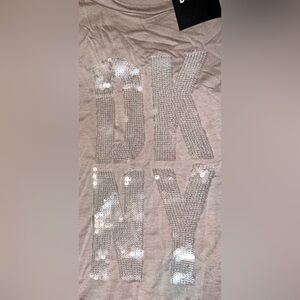 DKNY Warm Tan Brown Sequin Embellished T-Shirt – Women’s Large – Luxury Casual